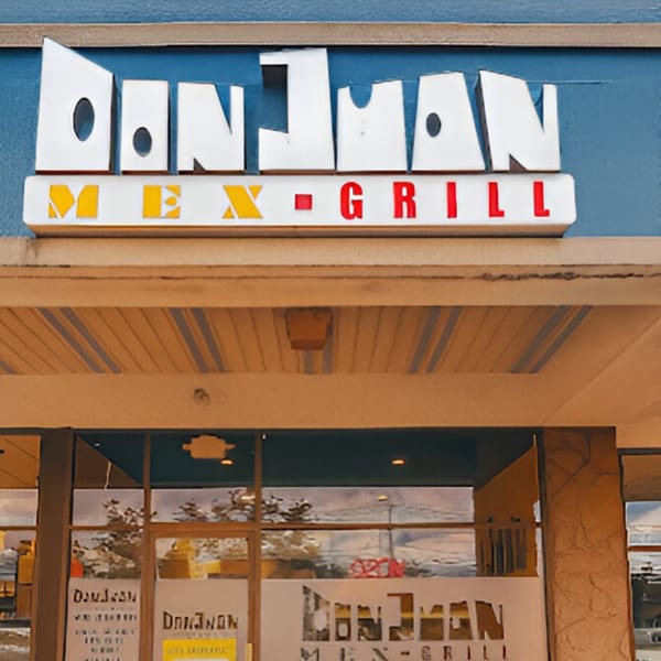 Don Juan Mex Grill restaurant exterior with a blue facade and large white and red sign.